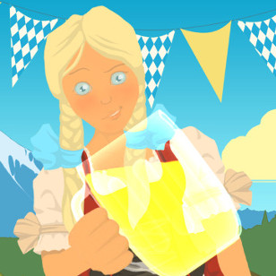 Frau aus Schwipster Minispiel. Sie hält ein Bier in der Hand.