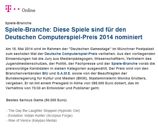 Deutscher Computerspielpreis 2014 T-Online Deutscher Computerspielpreis 2014 T-Online